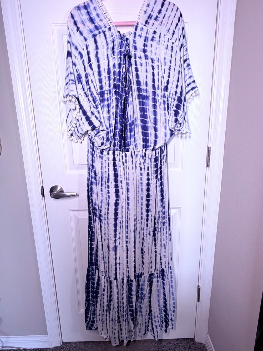 Boho Blue Tie-Dye Maxi Kaftan Dress with Pom Trim